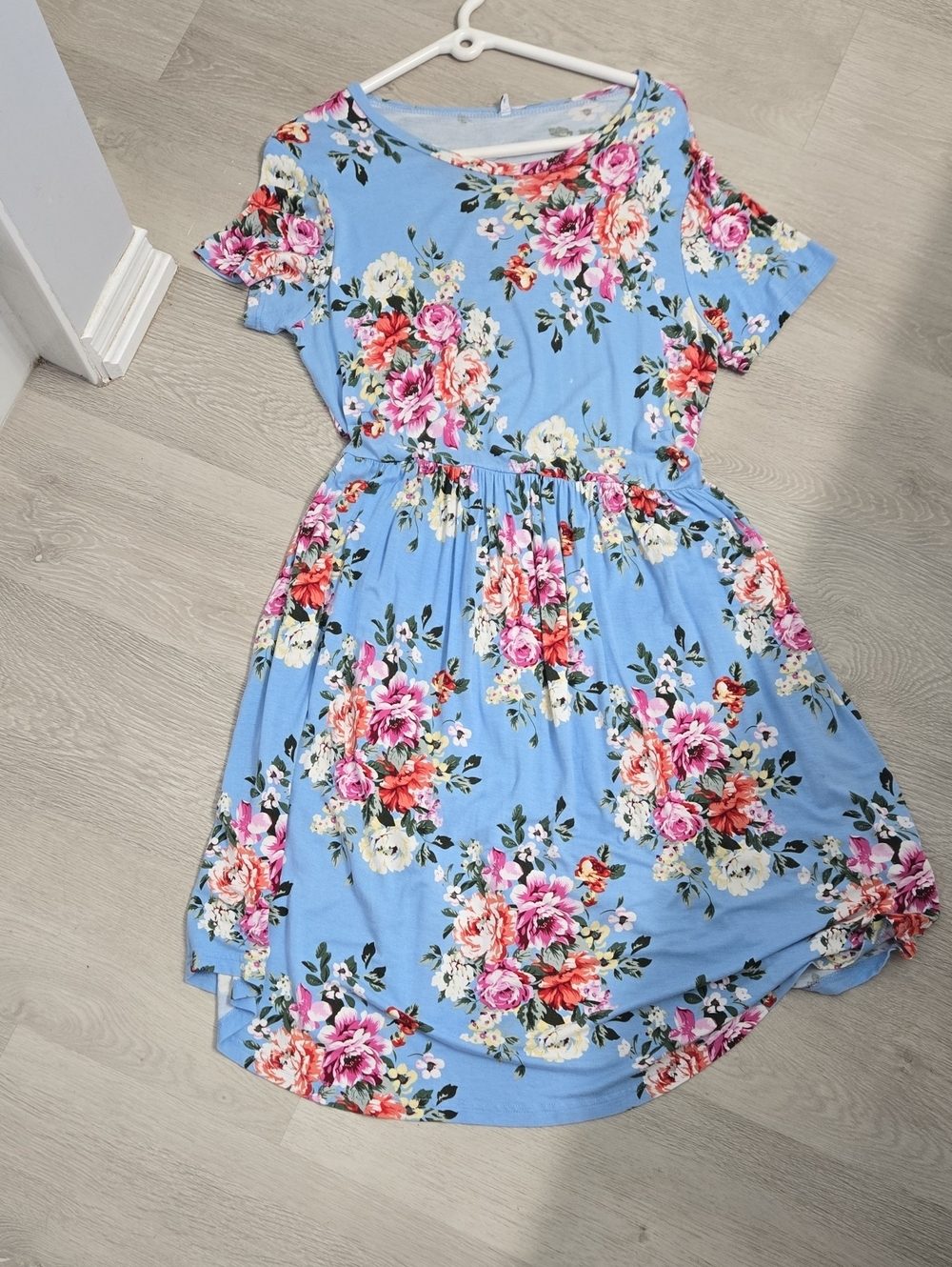 Blue Floral Short-Sleeve Skater Dress Size L